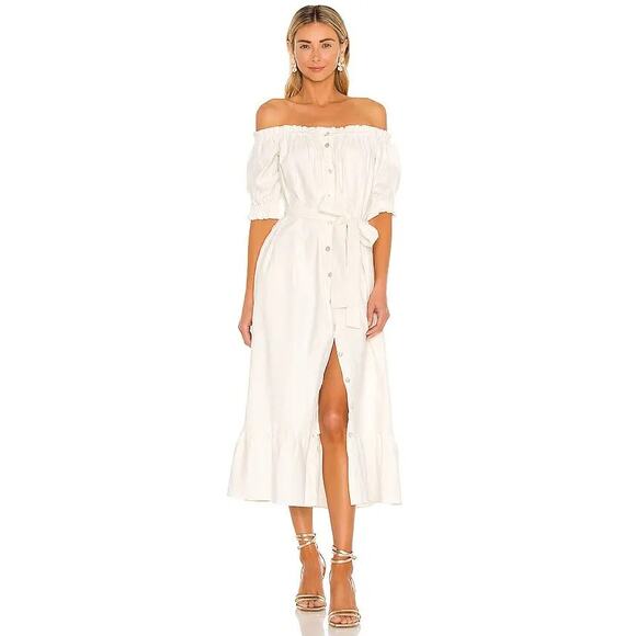 Tularosa Kami Off The Shoulder Midi Dress S Button Front Ruffled Hem Shift Cream